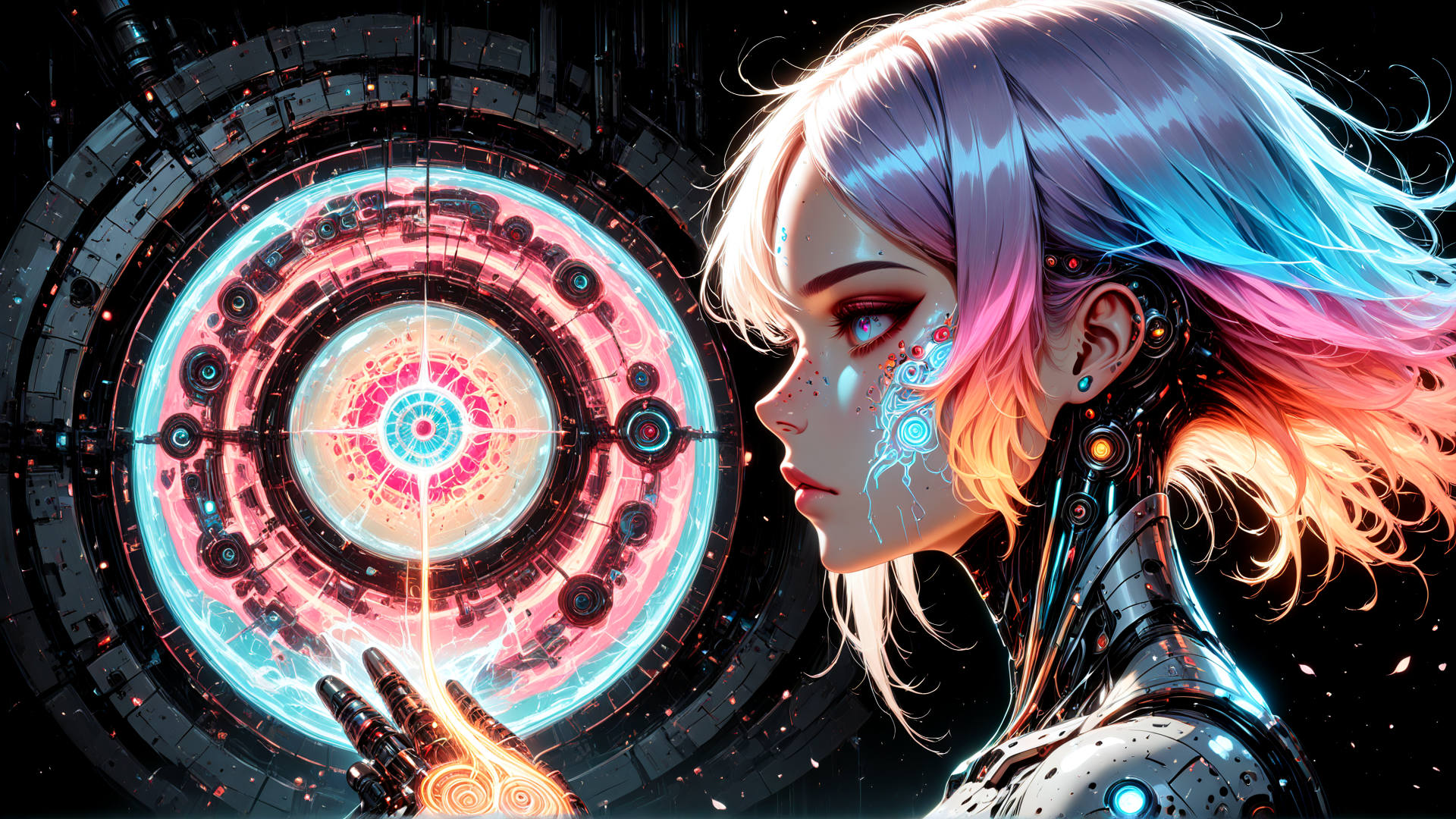 AI generated wallpaper featuring cyborg, neon, portal, gloved hand, mechanical, circuit, hair, eye, light, ring