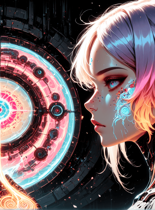 cyborg, neon, portal, gloved hand, mechanical, circuit, hair, eye, light, ring