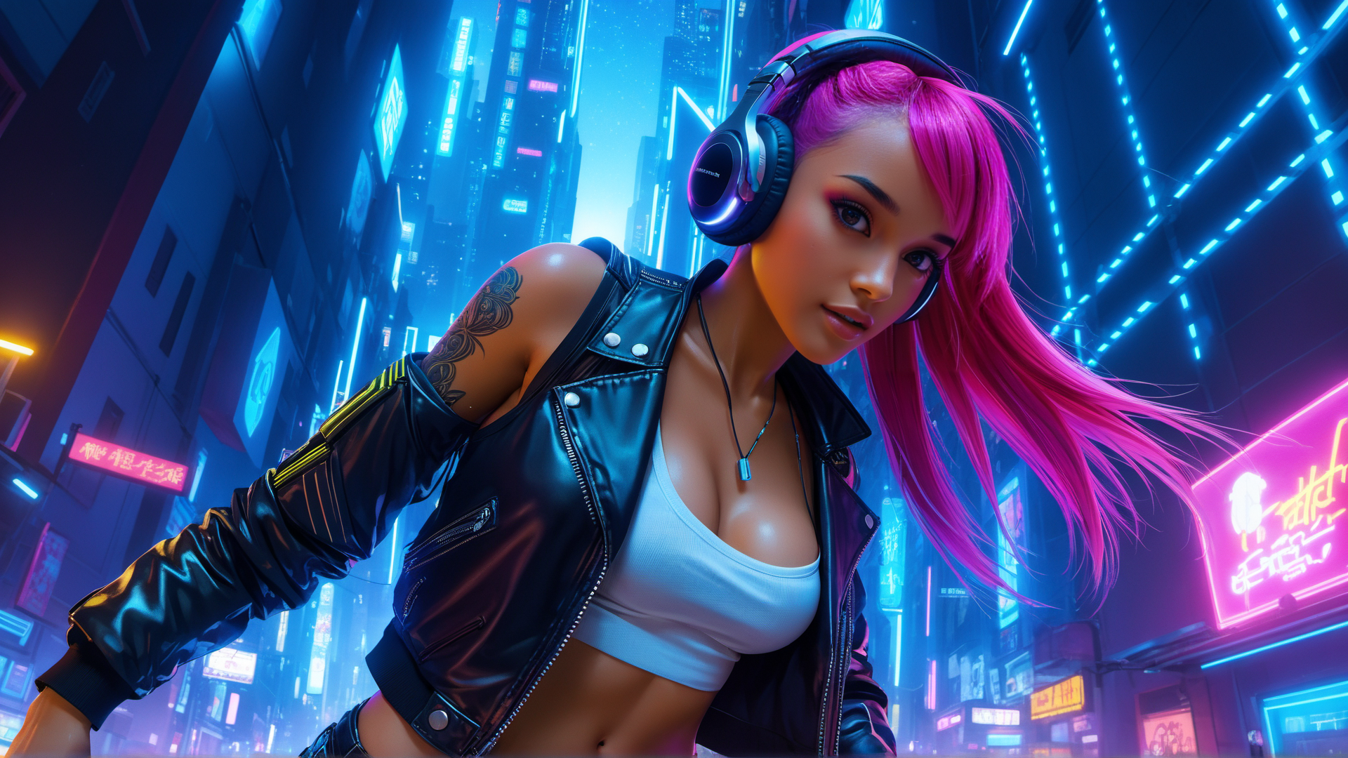 AI generated wallpaper featuring woman, neon, city