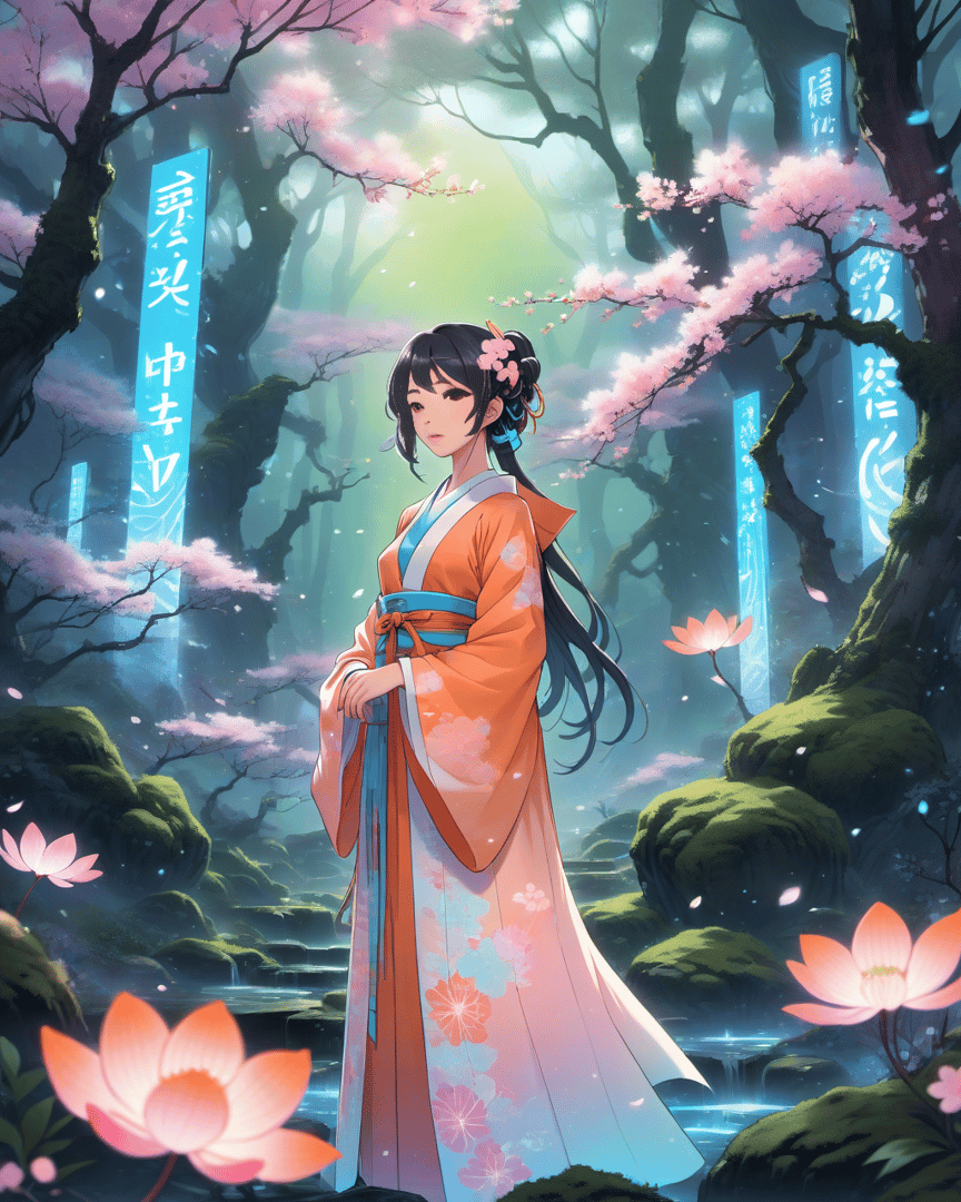 AI generated wallpaper featuring woman, cherry blossoms, lotus