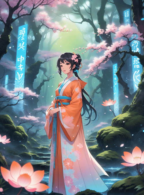 woman, cherry blossoms, lotus
