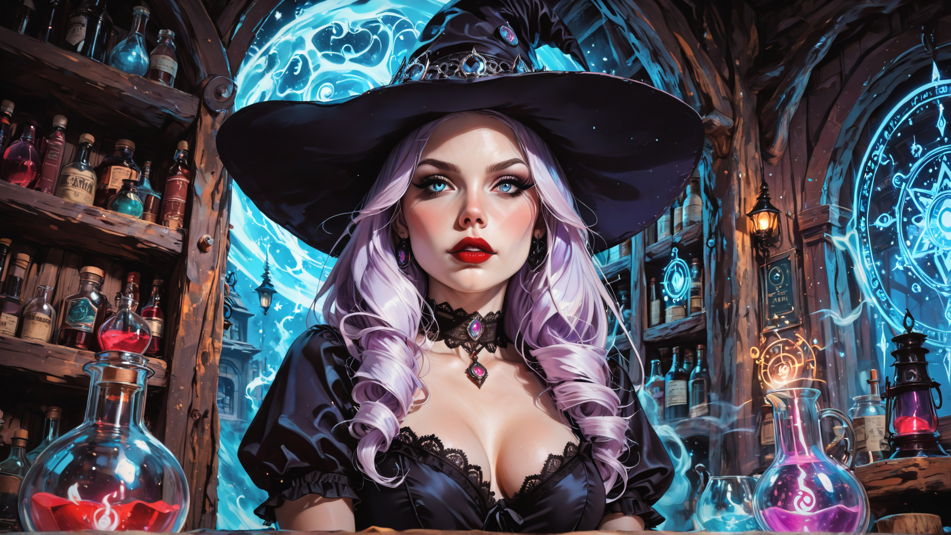 AI generated wallpaper featuring witch, bottle, cauldron, candle, spellbook, chalice, laboratory, mirror, robe, hats