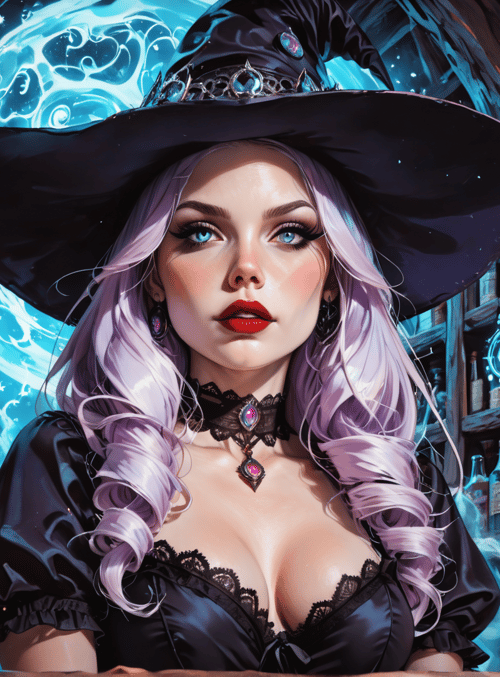 witch, bottle, cauldron, candle, spellbook, chalice, laboratory, mirror, robe, hats