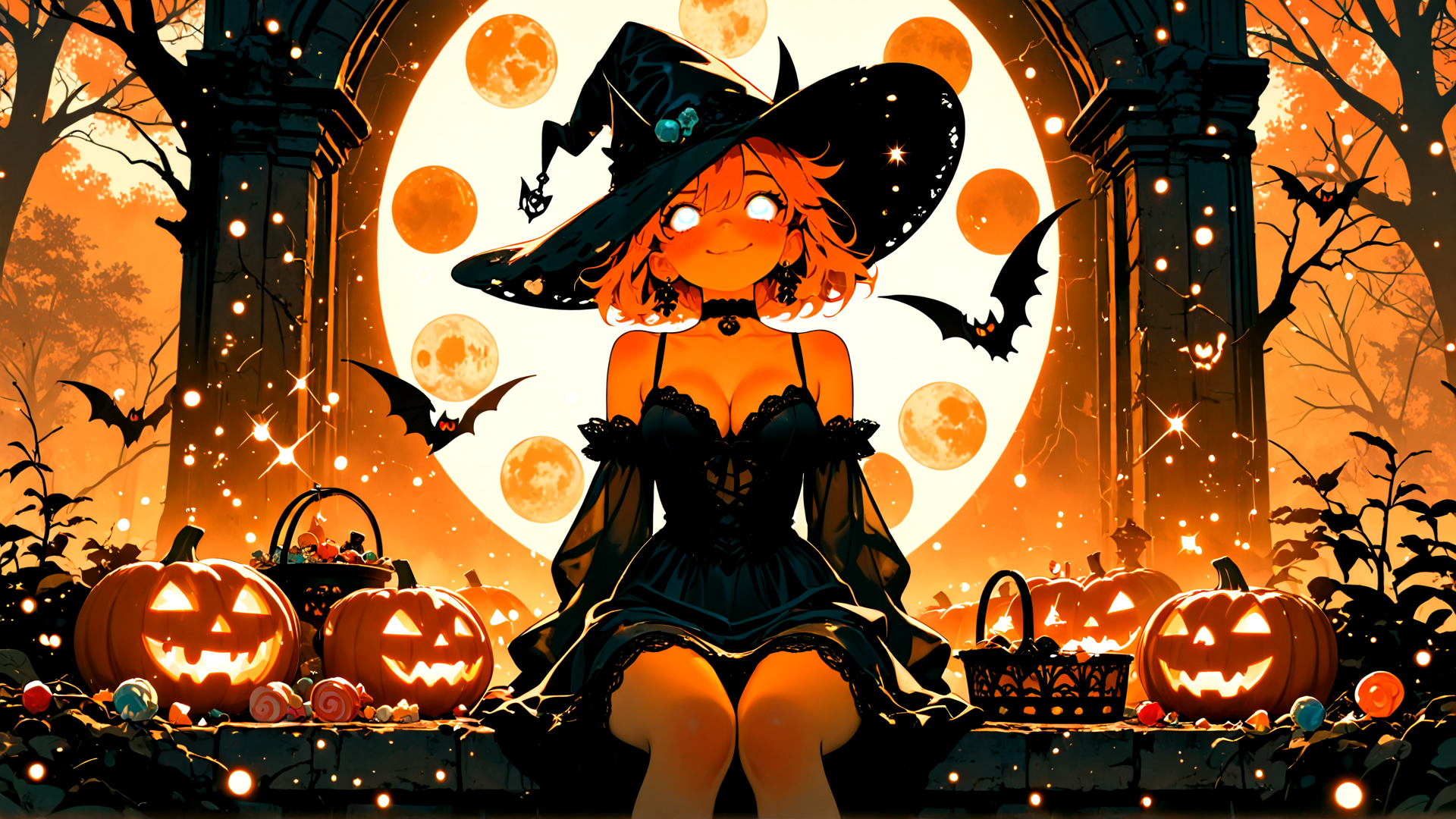 AI generated wallpaper featuring witch, pumpkin, bat, moon, candy, lantern, tree, halloween, costume, bunny