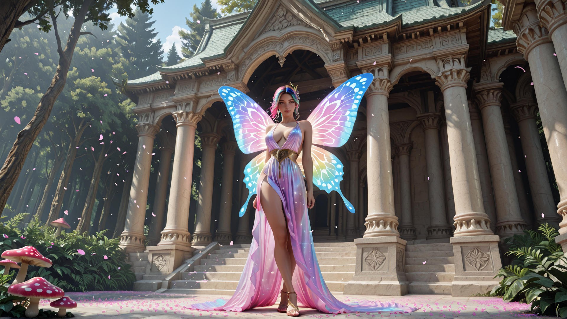 AI generated wallpaper featuring fairy, butterfly, goddess, mushroom, temple, trees, petals, columns, dress, wings