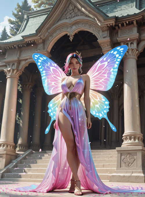 fairy, butterfly, goddess, mushroom, temple, trees, petals, columns, dress, wings