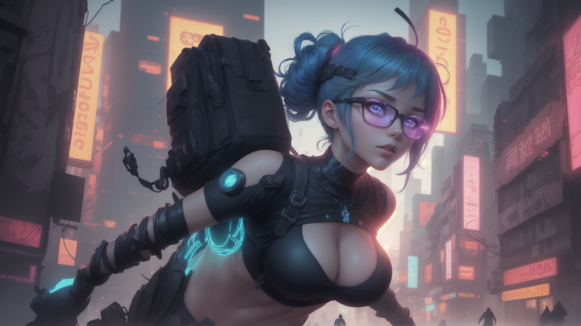 AI generated wallpaper featuring cyberpunk girl, neon city