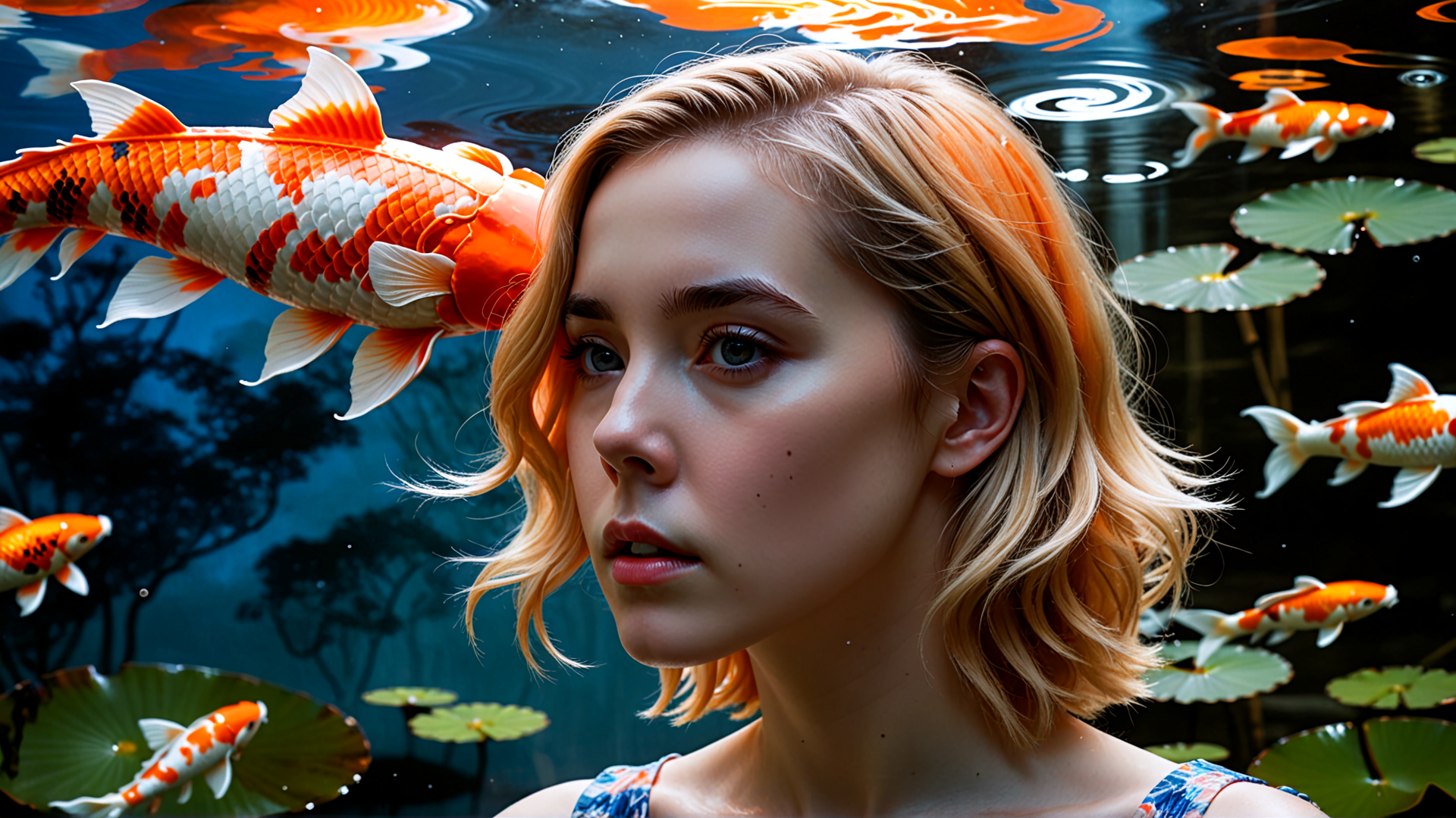 AI generated wallpaper featuring woman, koi fish, lotus leaf