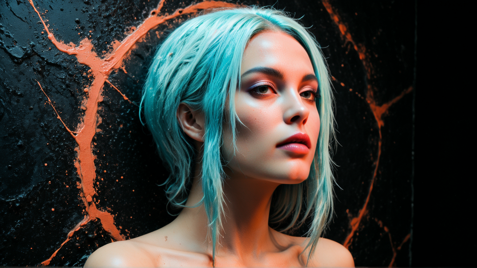 AI generated wallpaper featuring woman, hair, wall, paint