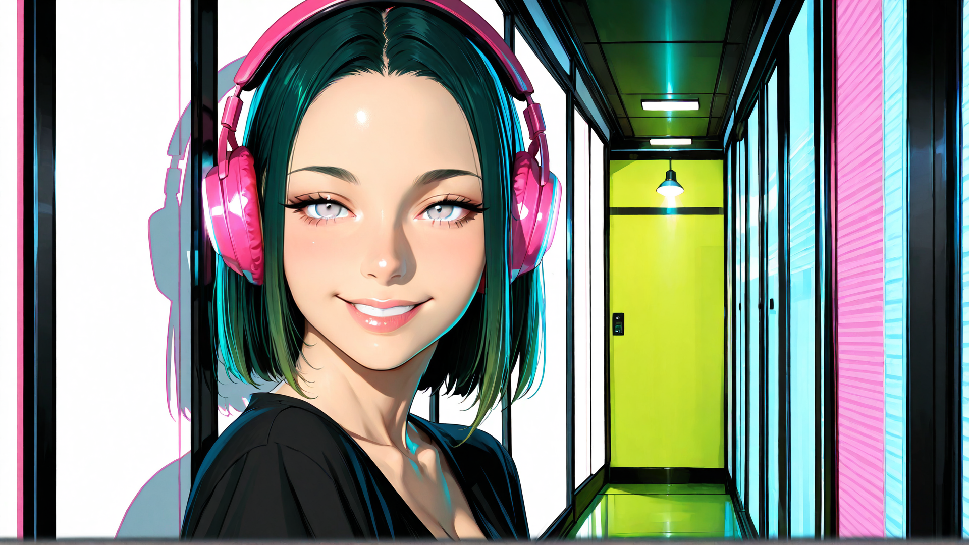 AI generated wallpaper featuring woman, headphones, corridor, door