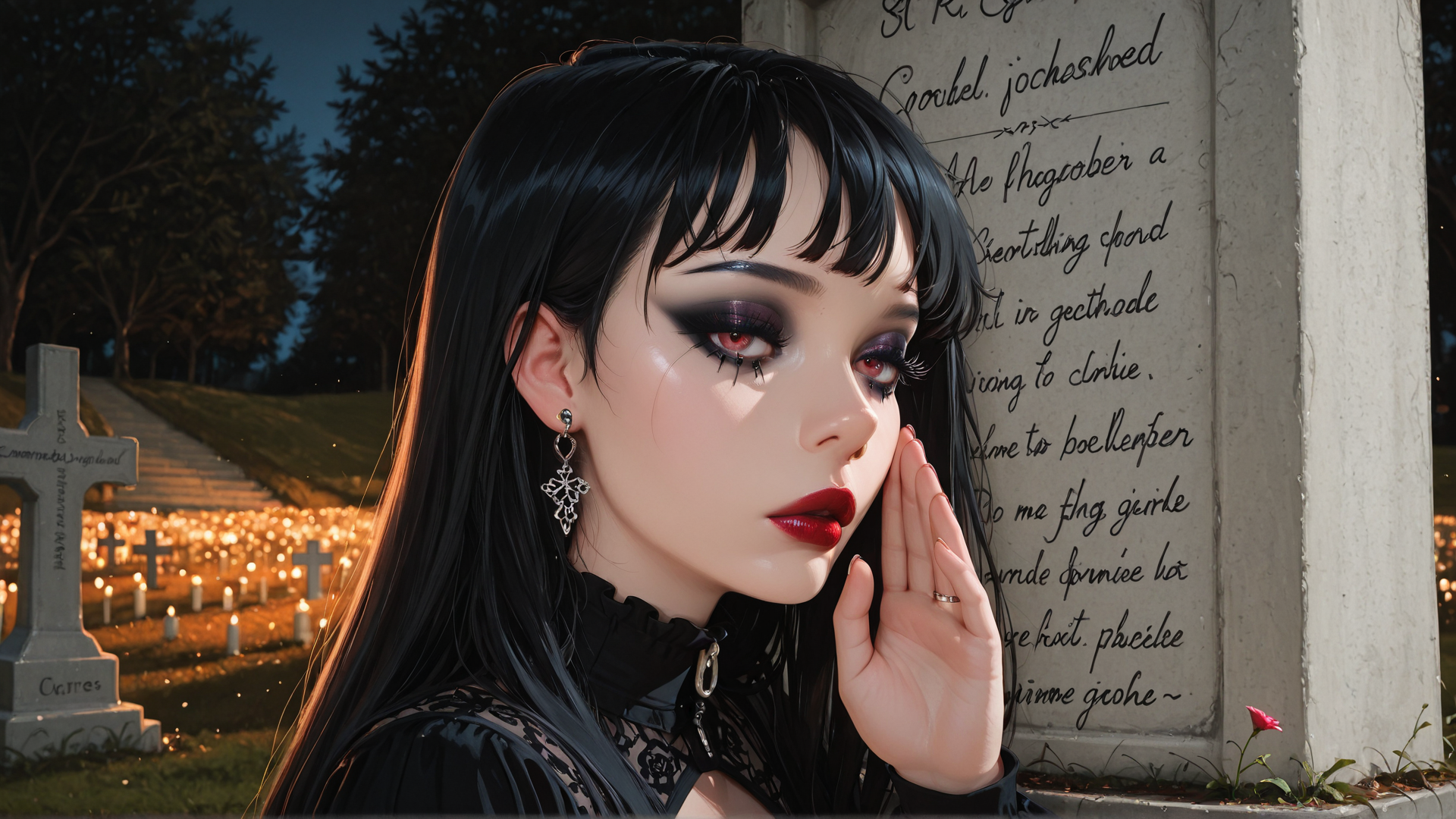 AI generated wallpaper featuring woman, gravestone, candle, cross, flower, gloved hand