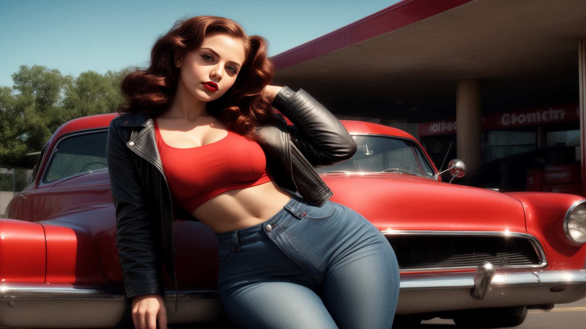 AI generated wallpaper featuring woman, car