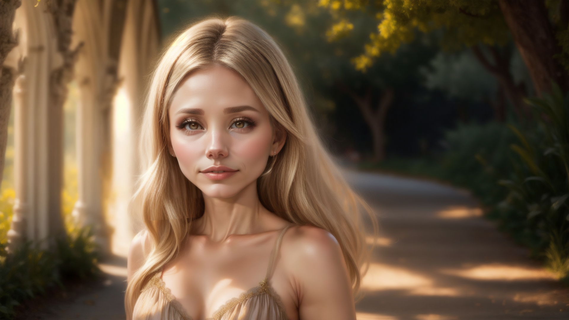 AI generated wallpaper featuring woman, blonde, dress
