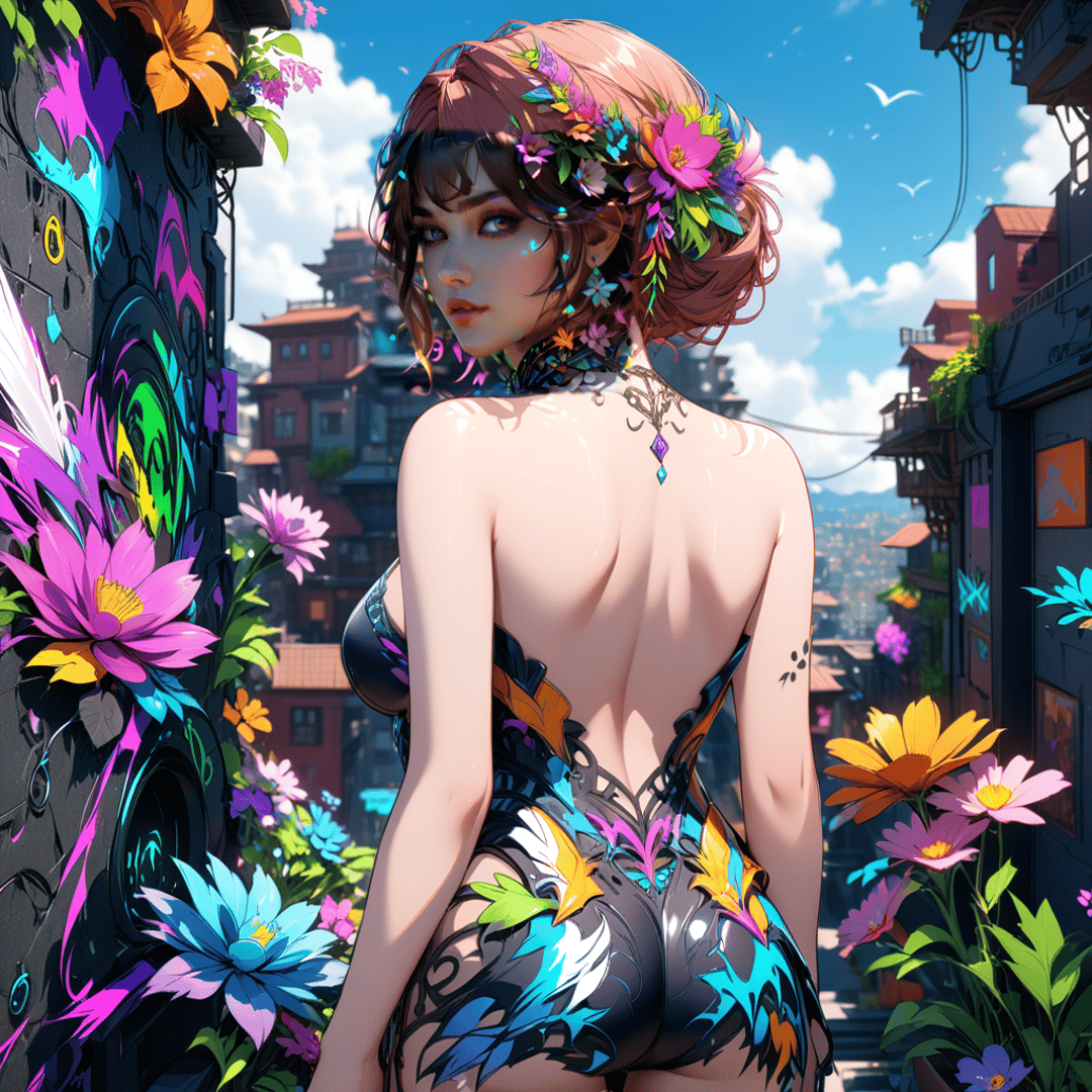 AI generated wallpaper featuring woman, flowers, city