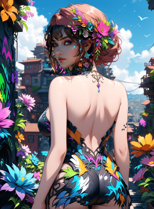 woman, flowers, city