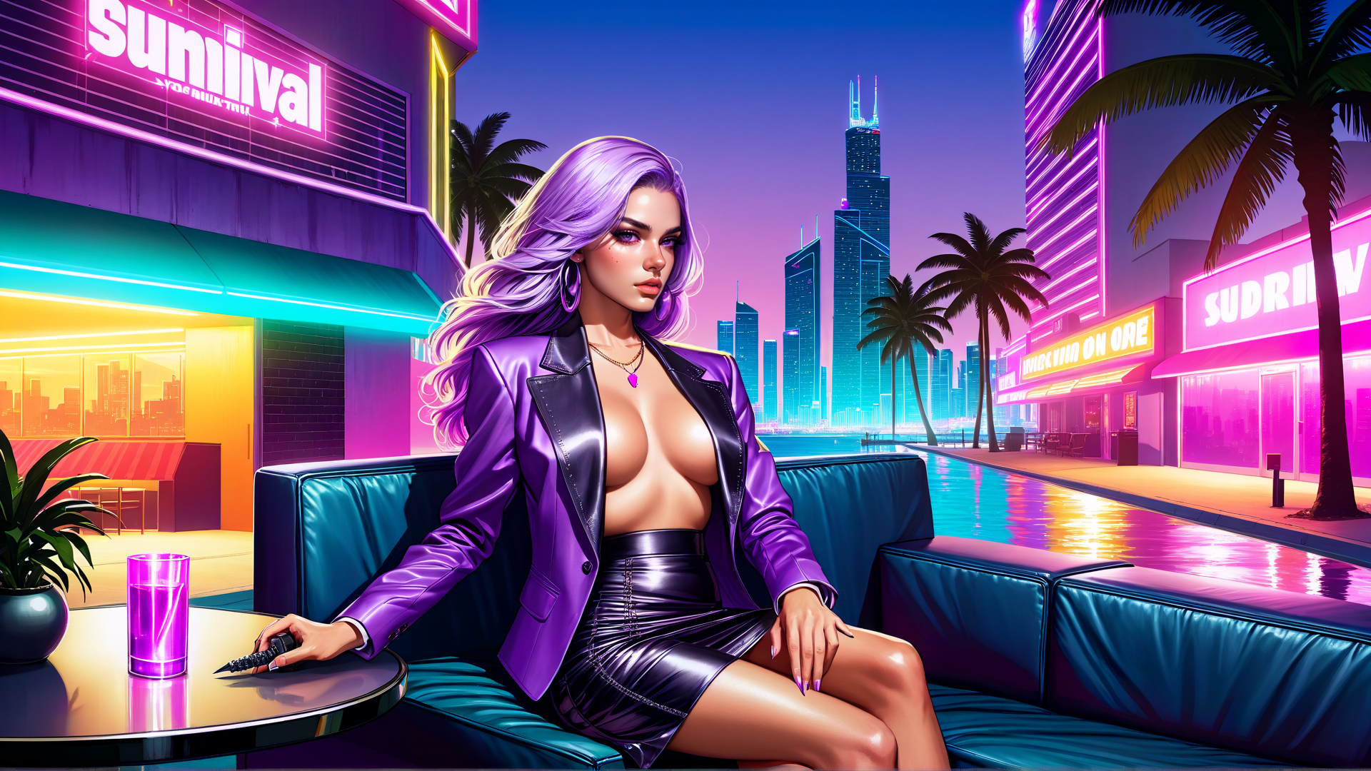 AI generated wallpaper featuring woman, cityscape, neon