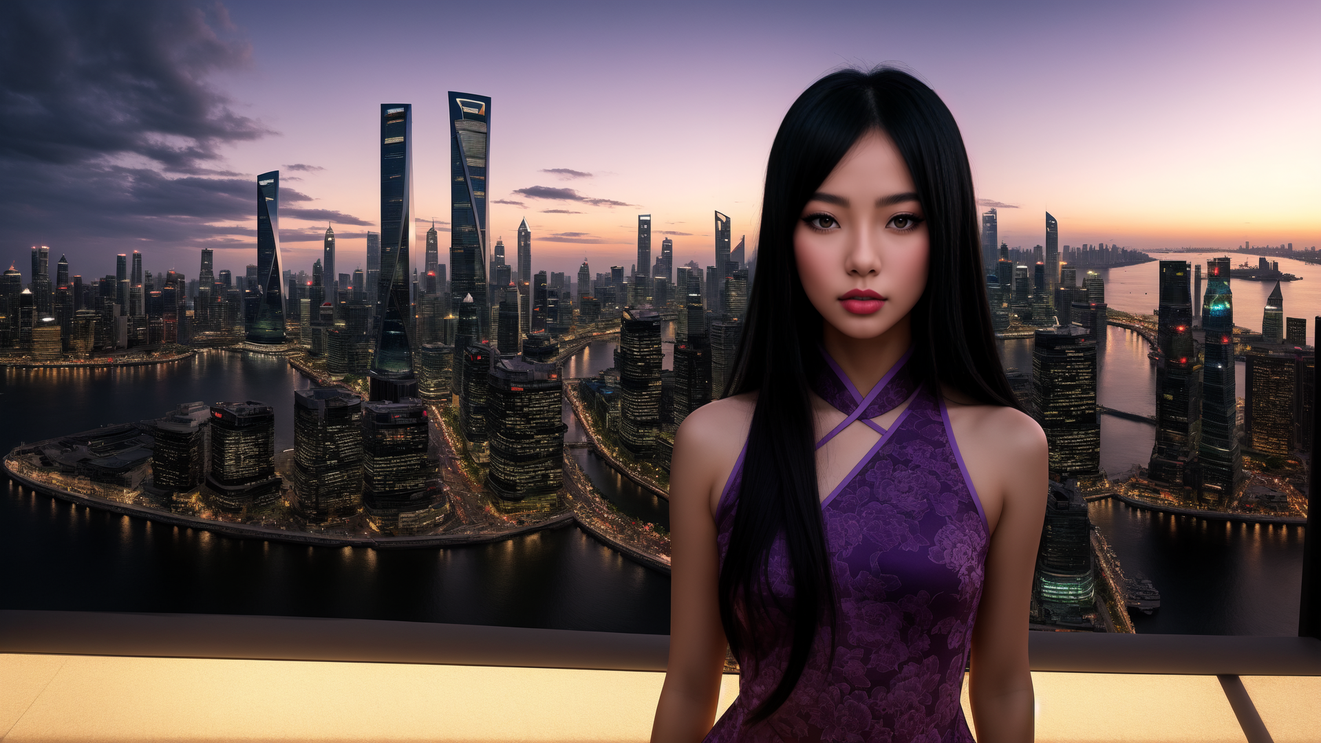 AI generated wallpaper featuring woman, cityscape, downtown
