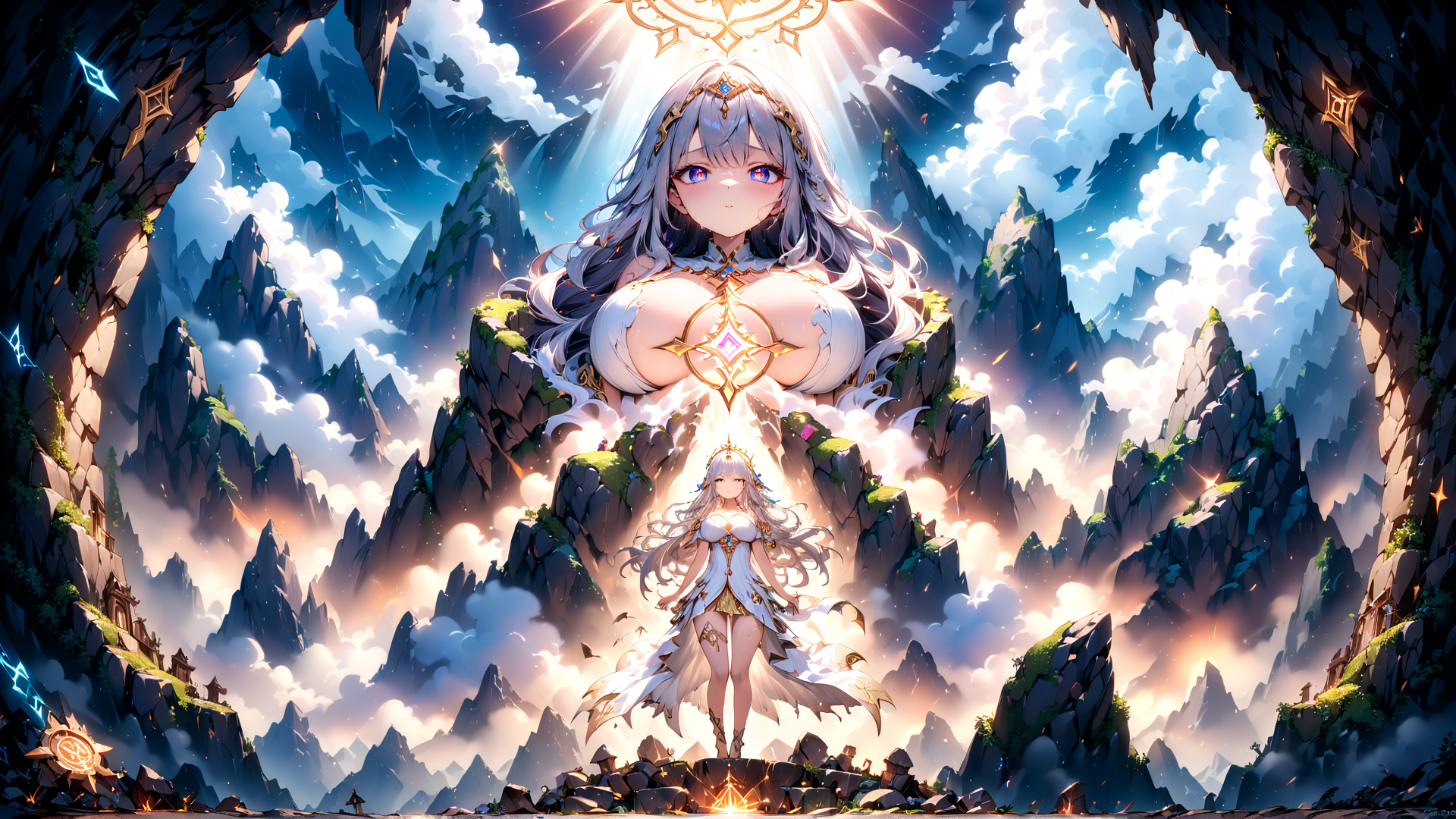 AI generated wallpaper featuring goddess, mountains, ancient