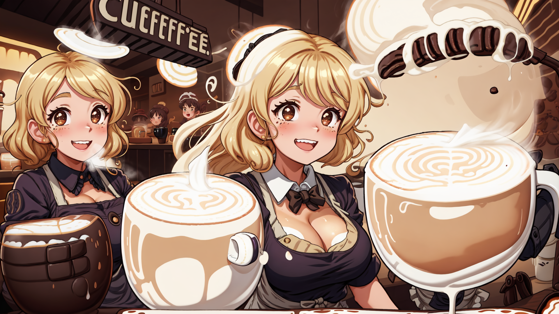 AI generated wallpaper featuring barista, coffee, cappuccino, latte, cafe, waitress, mug, chocolate, steamer, espresso