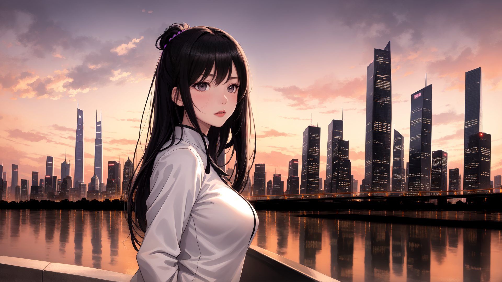 AI generated wallpaper featuring anime girl, cityscape, river