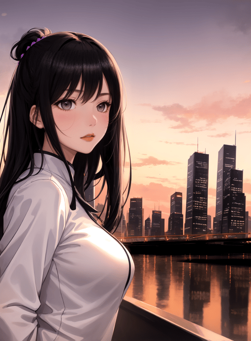 anime girl, cityscape, river