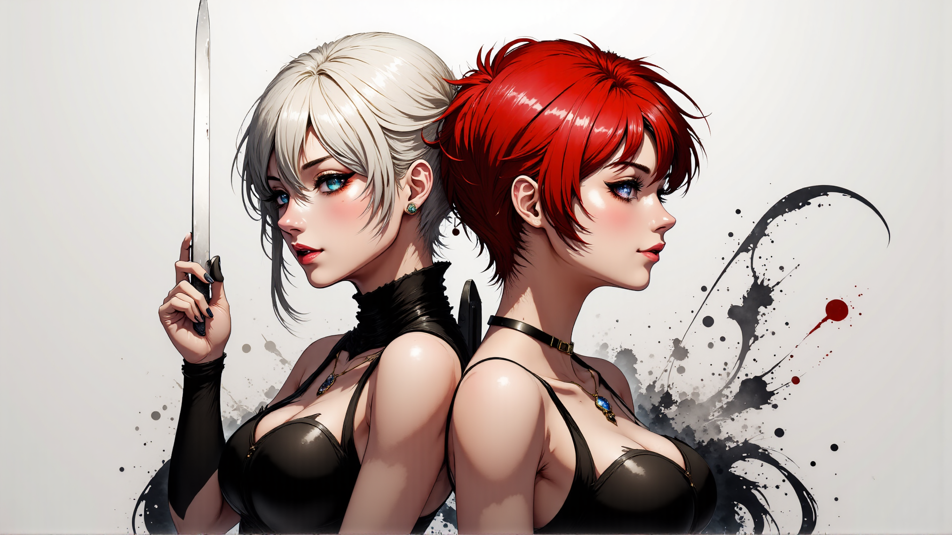 AI generated wallpaper featuring woman, sword, hair, necklace, earring