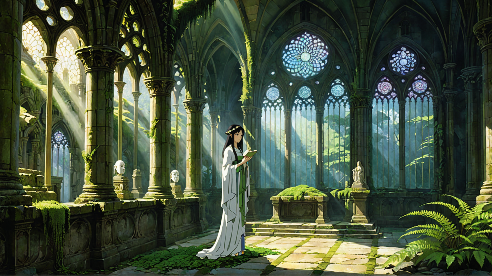 AI generated wallpaper featuring woman, book, cathedral, statue, mosaic, mosaic, column, ferns, moss, sunlight