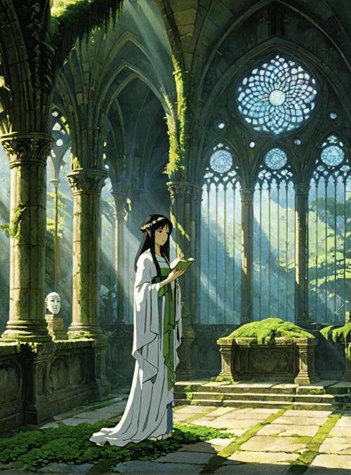 woman, book, cathedral, statue, mosaic, mosaic, column, ferns, moss, sunlight