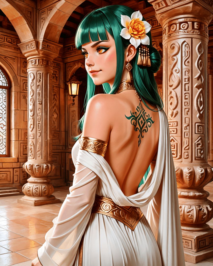 AI generated wallpaper featuring woman, dress, tattoo, flower, column