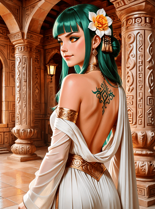 woman, dress, tattoo, flower, column
