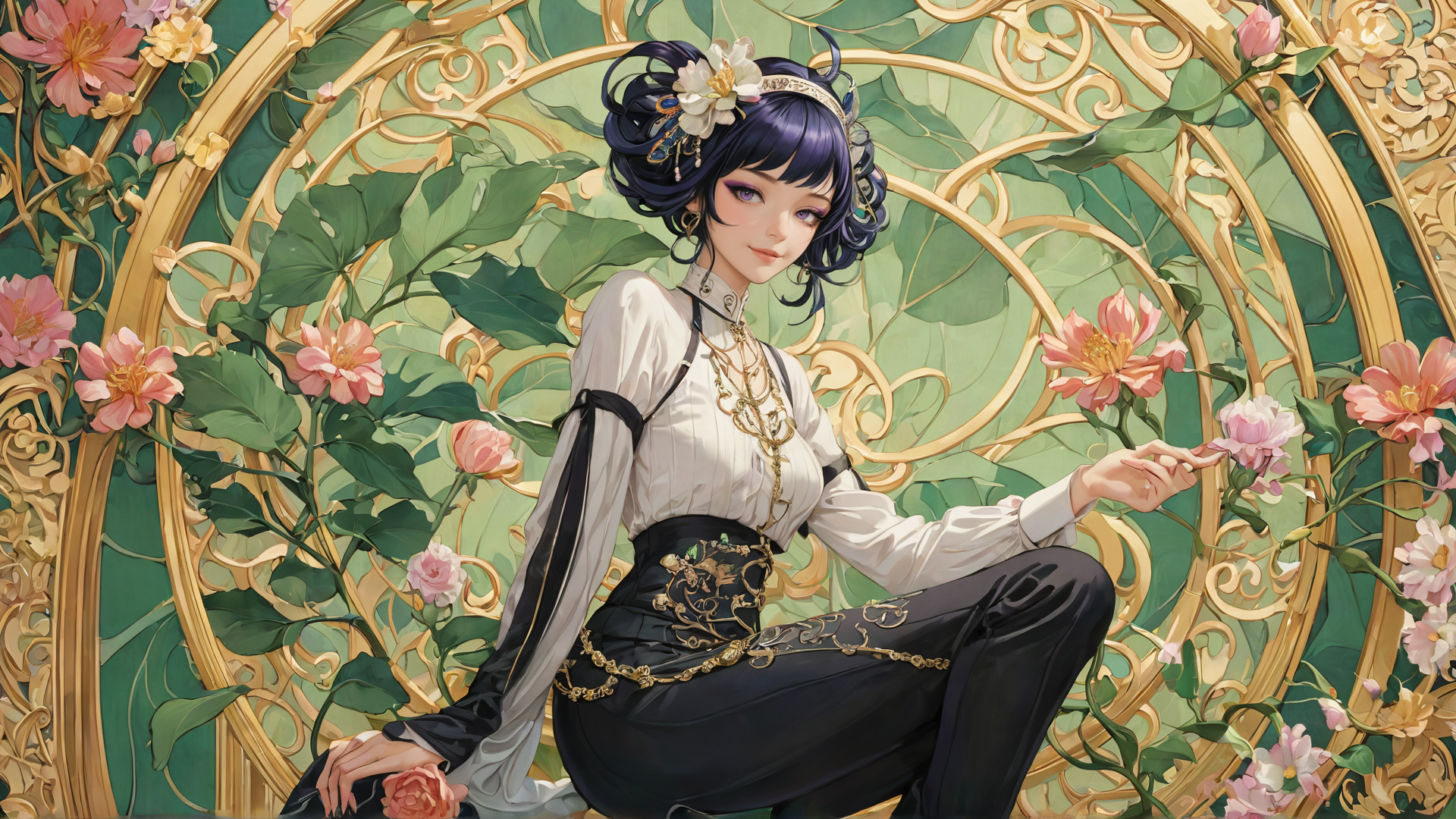 AI generated wallpaper featuring woman, flower, dress, ornament, hair, necklace, garden, frame, blossom, sitting