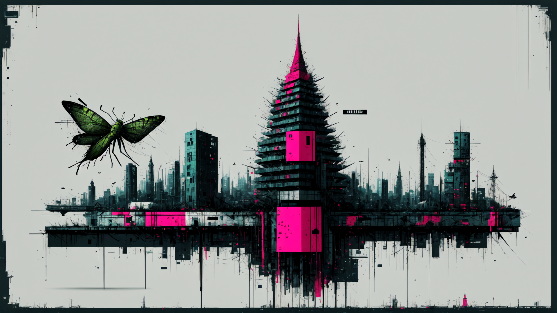 AI generated wallpaper featuring cityscape, butterfly, building