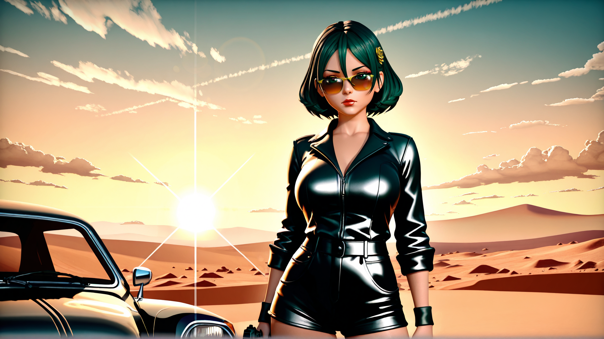AI generated wallpaper featuring woman, car, desert