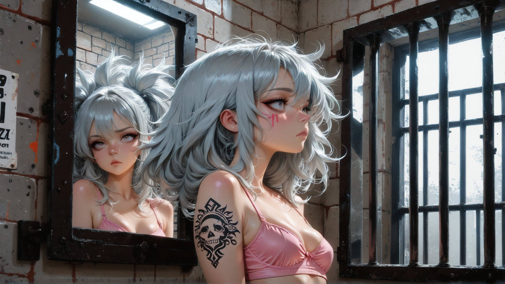 AI generated wallpaper featuring girl, mirror, prison, tattoo, hair