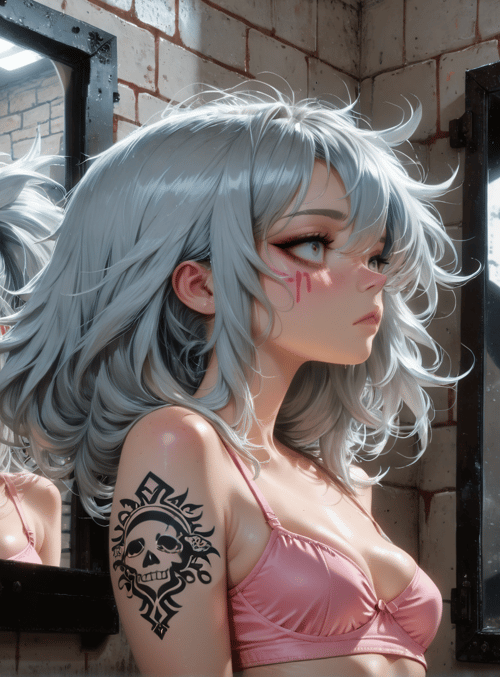 girl, mirror, prison, tattoo, hair
