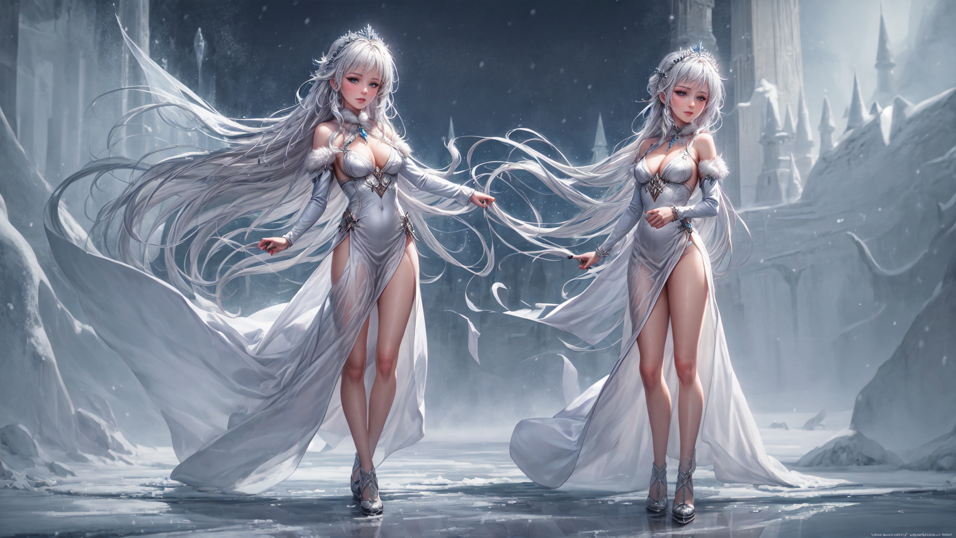 AI generated wallpaper featuring females, dragons, frozen