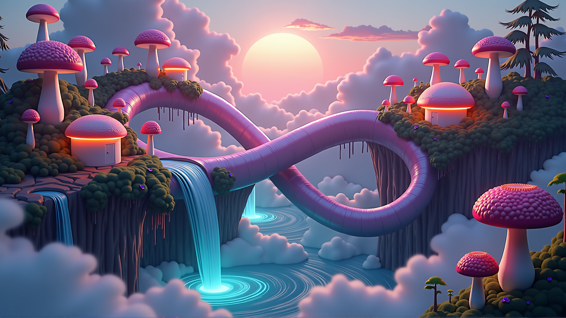AI generated wallpaper featuring mushroom, cloud, waterfall, pipe, sun