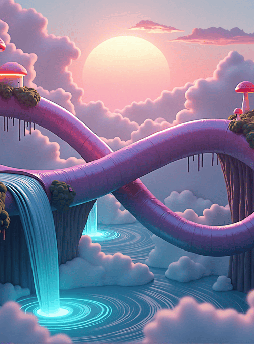 mushroom, cloud, waterfall, pipe, sun