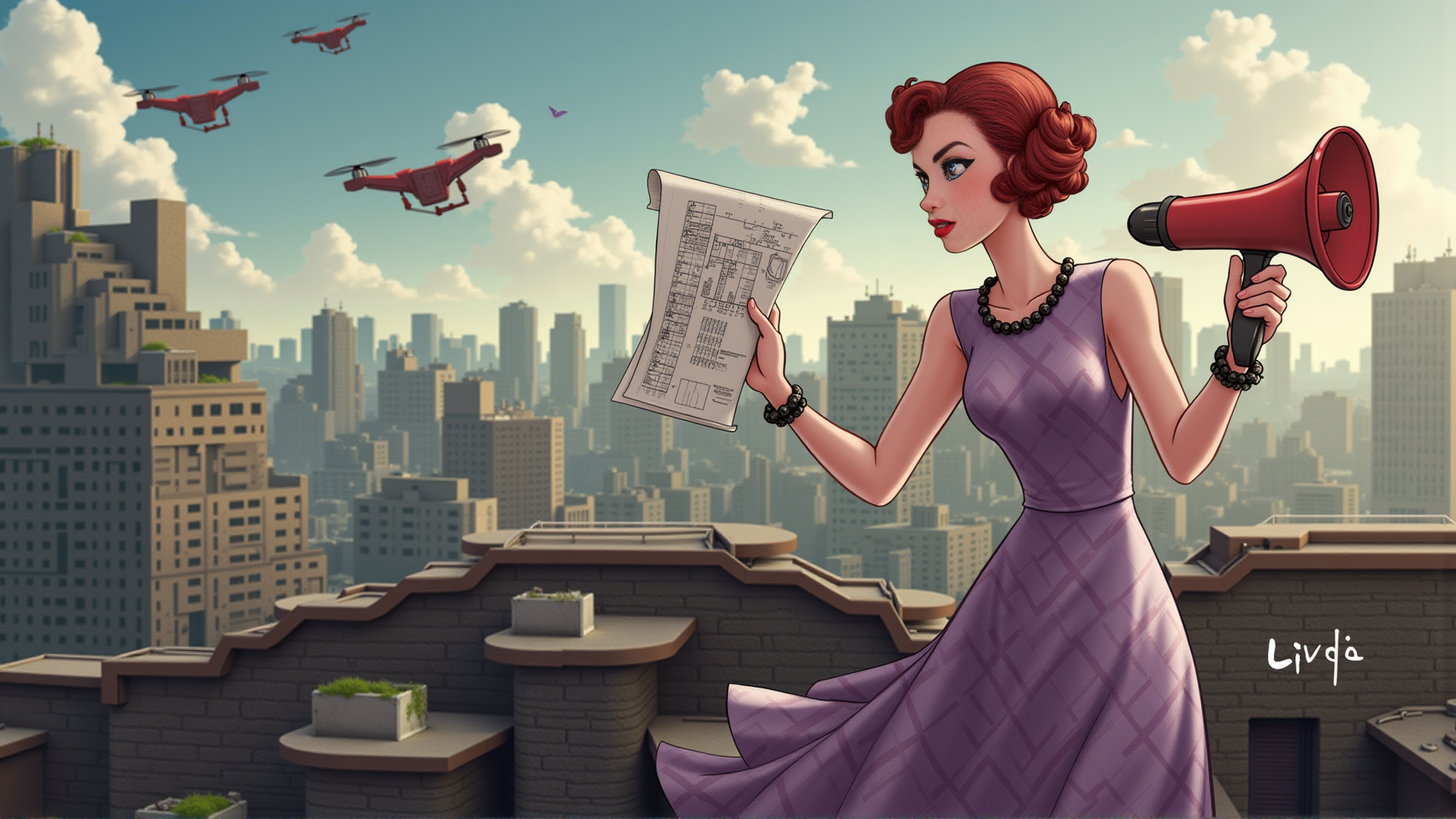 AI generated wallpaper featuring woman, megaphone, blueprint, drones, cityscape