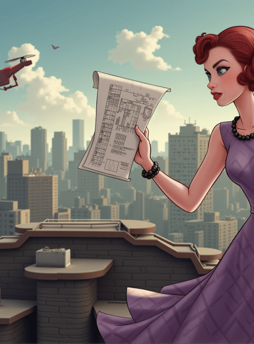 woman, megaphone, blueprint, drones, cityscape