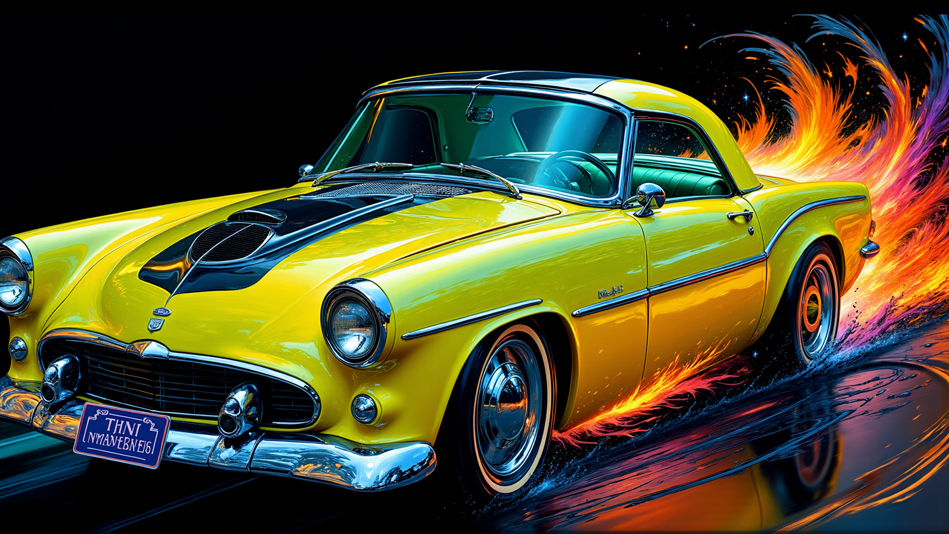 AI generated wallpaper featuring car, classic car, yellow car, hot rod, vintage car, muscle car