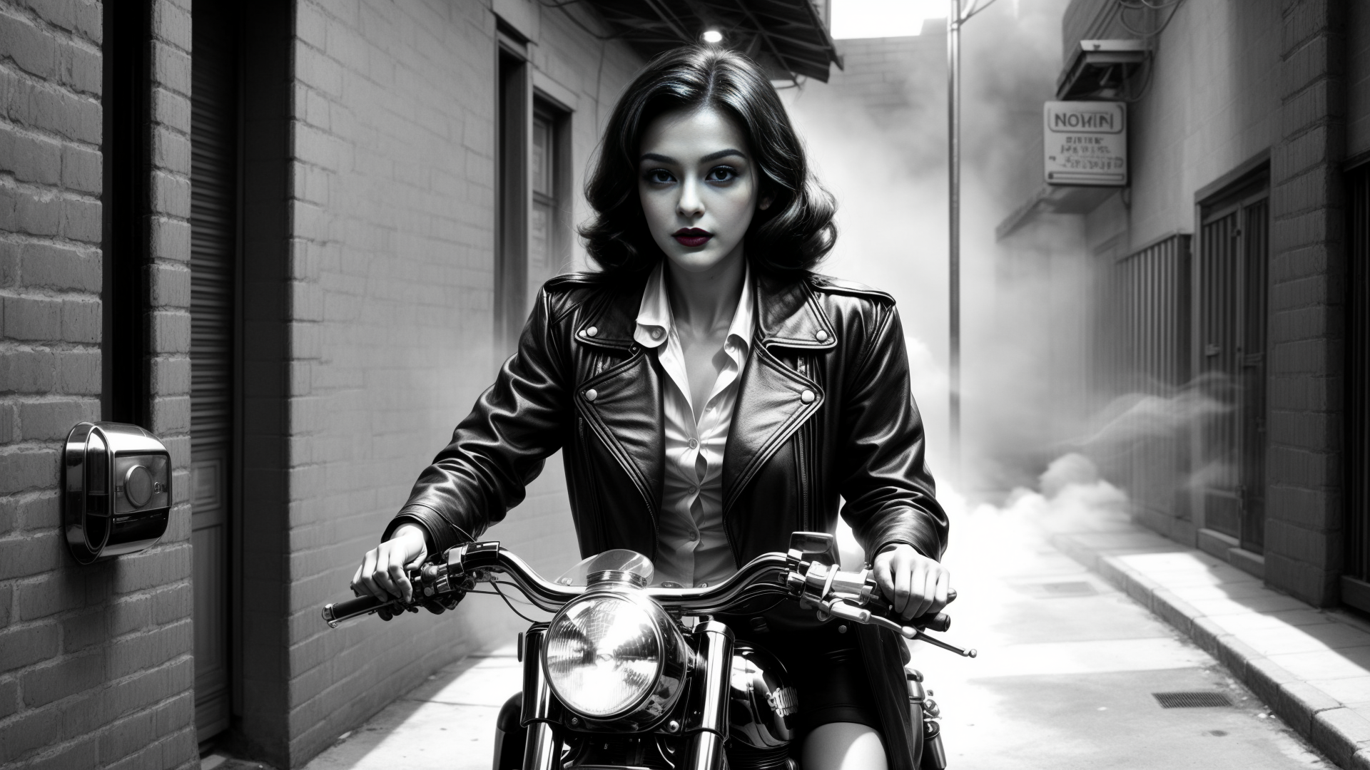 AI generated wallpaper featuring woman, motorcycle