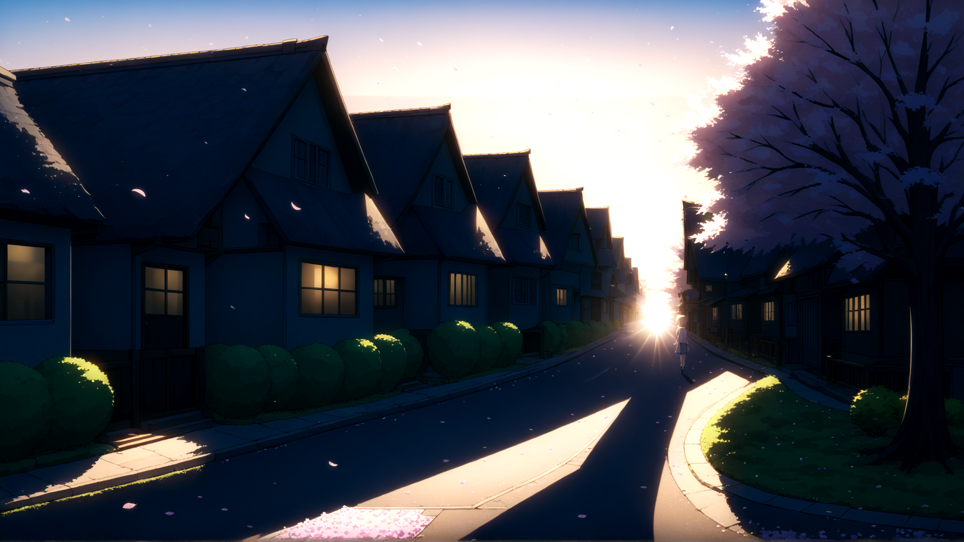 AI generated wallpaper featuring girl, houses, trees