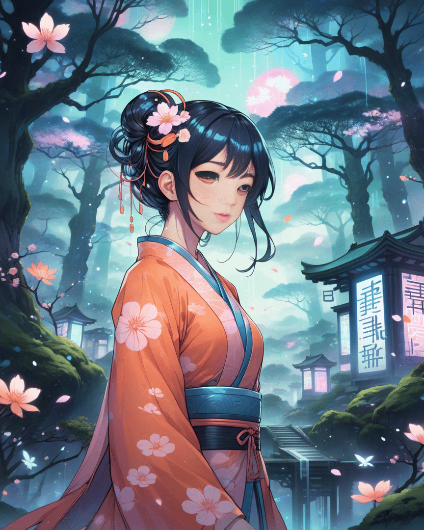 AI generated wallpaper featuring woman, kimono, cherry blossom
