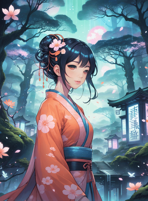 woman, kimono, cherry blossom