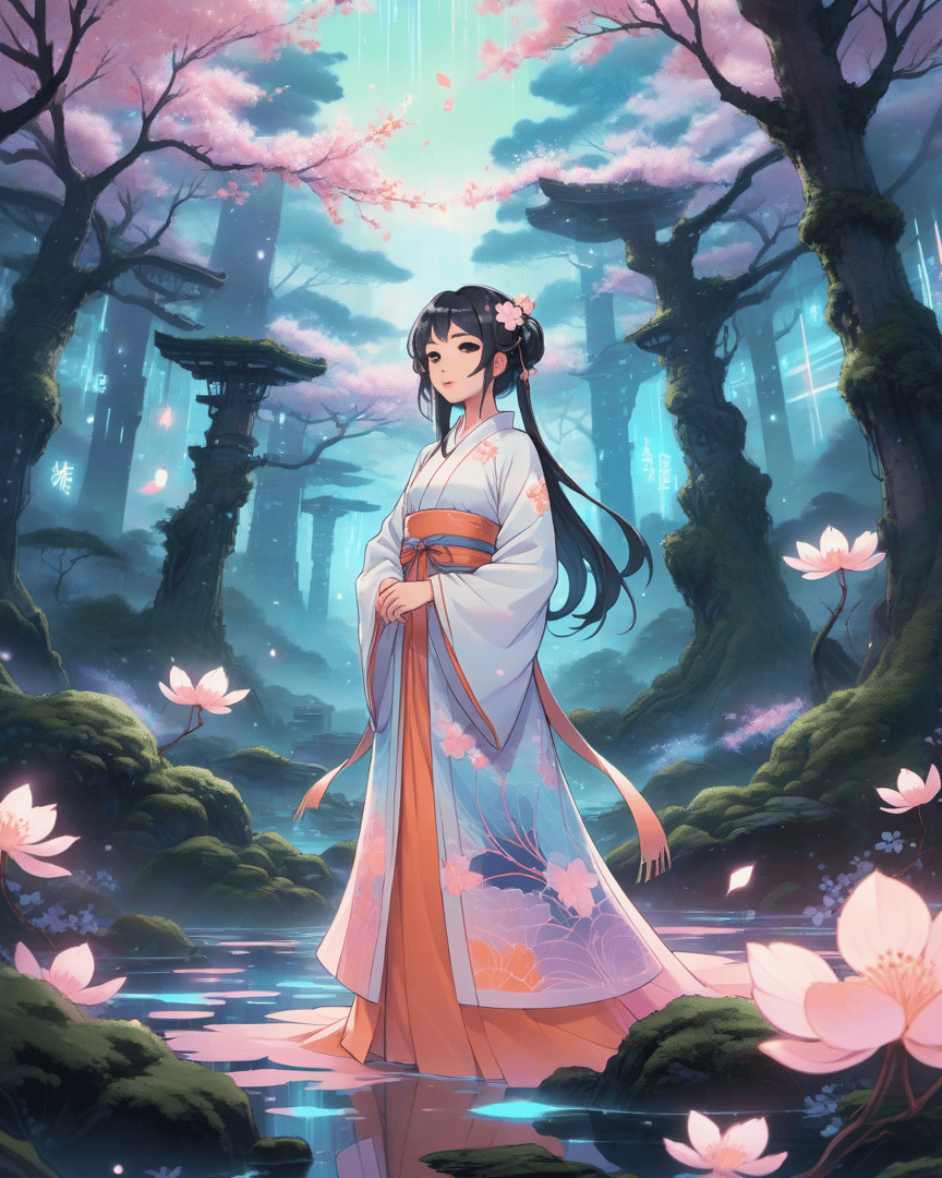 AI generated wallpaper featuring woman, cherry blossoms, forest