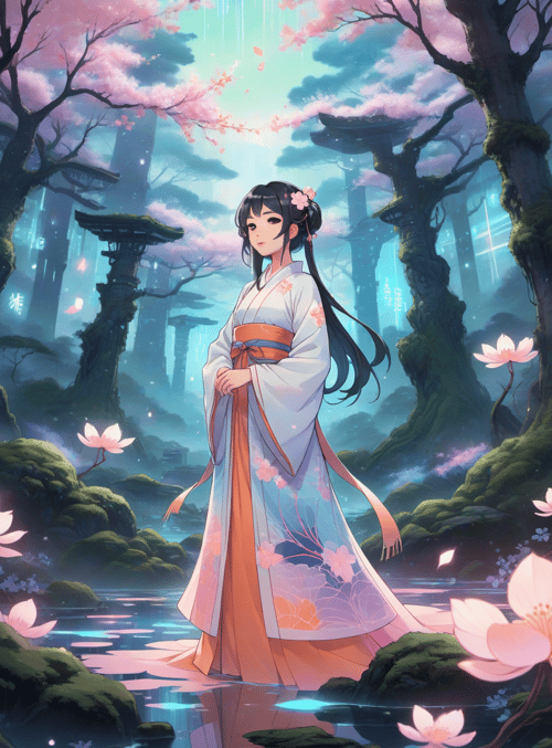 woman, cherry blossoms, forest