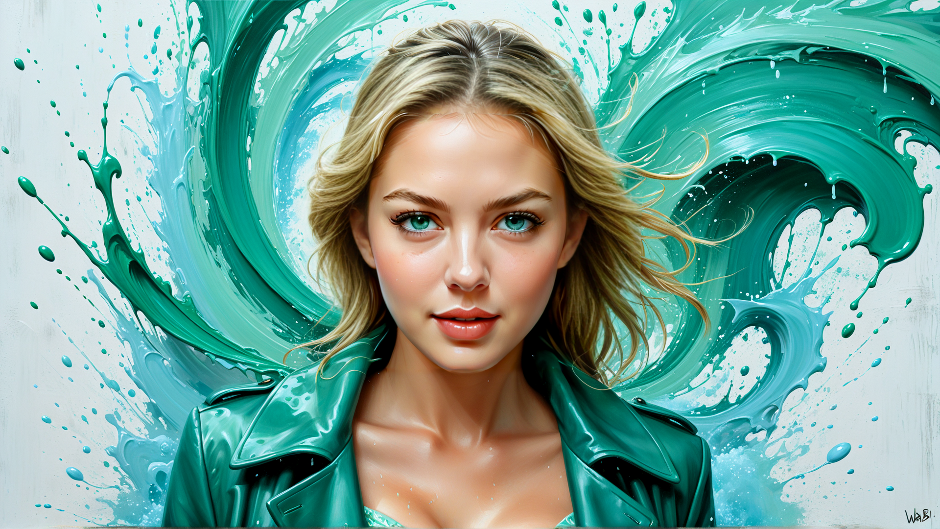 AI generated wallpaper featuring woman, leather jacket, blonde hair, teal, splotch