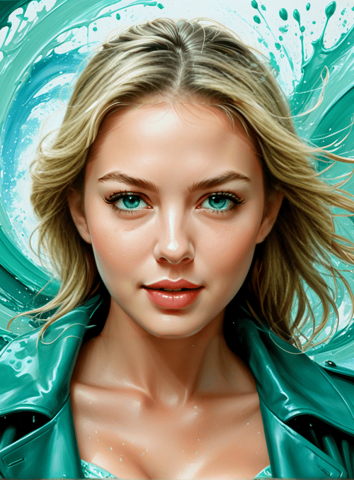 woman, leather jacket, blonde hair, teal, splotch
