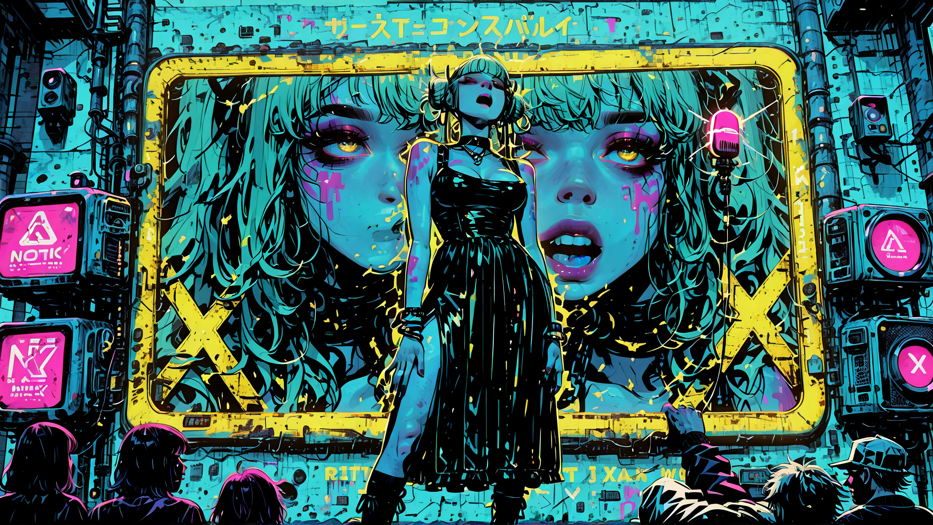AI generated wallpaper featuring woman, billboard, microphone, cityscape, neon, people, art, fashion, glasses, graffiti
